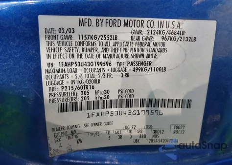 2003 Ford Taurus Se z USA, uszkodzony, nr VIN 1FAHP53U43G199596